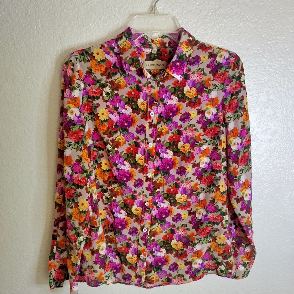Cordings silk floral Button Down blouse Sz 10
